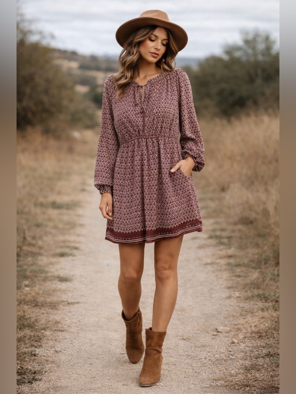 Max Studio Mauve Floral-Print Long-Sleeve Mini Dress Size Large Boho Cottage